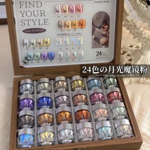 24 Colors Moonlight Chrome Powder Set – Aurora Mirror Nail Powder Kit for Professional Nail Art
