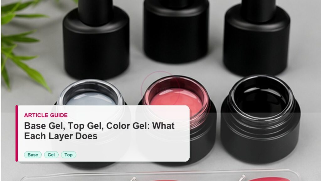 Base Gel, Top Gel, and Color Gel: What Each Layer Does 1 Base Gel, Top Gel, and Color Gel: What Each Layer Does photorealistic article cover for Artmiss nail salon buyers