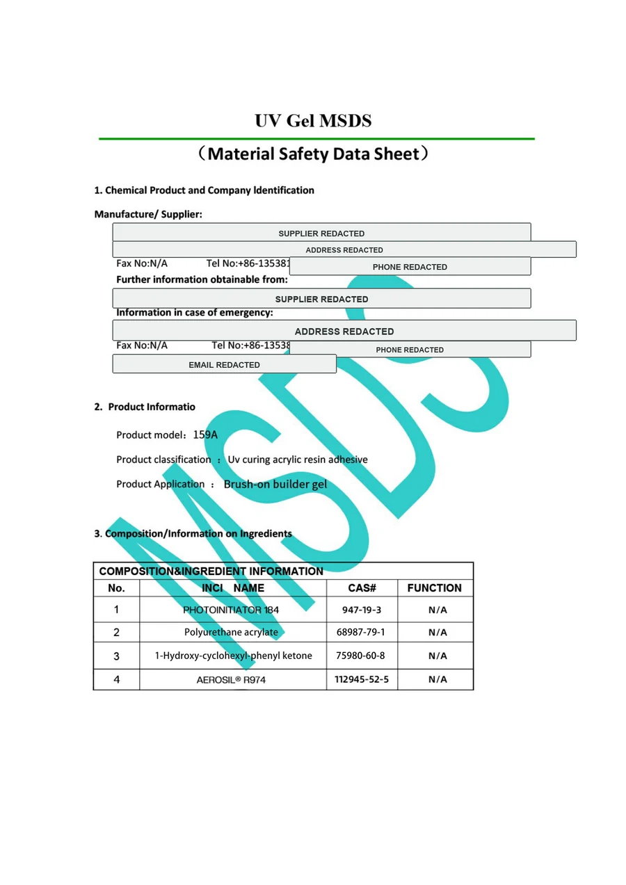 Privacy-redacted brush-on builder gel material safety data sheet preview
