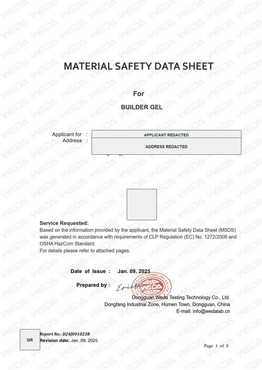 Privacy-redacted builder gel material safety data sheet preview