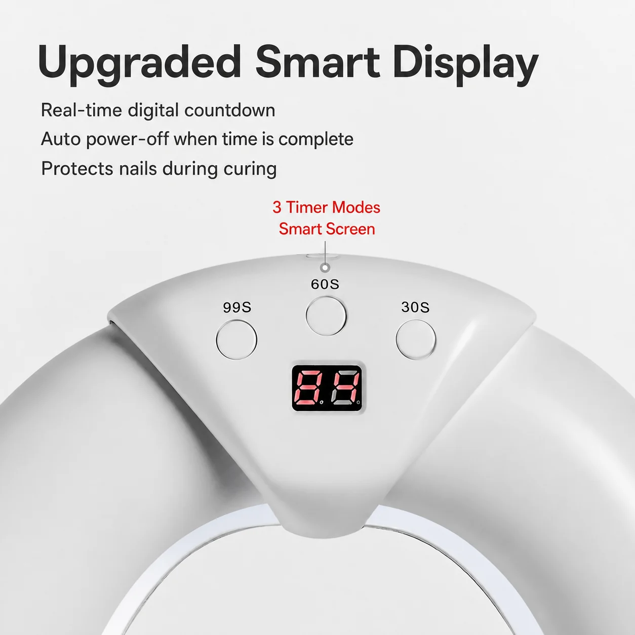 No Dark Hands Smart UV Nail Lamp, Rechargeable Foldable Gel Curing Light 2 Full bleed square image of upgraded smart display UV nail lamp with 30 60 99 second timer modes