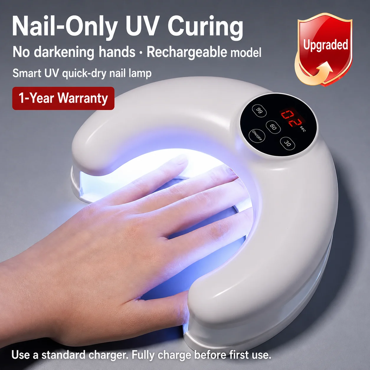 No Dark Hands Smart UV Nail Lamp, Rechargeable Foldable Gel Curing Light 5 Full bleed square image of nail only UV curing lamp rechargeable model for no darkening hands