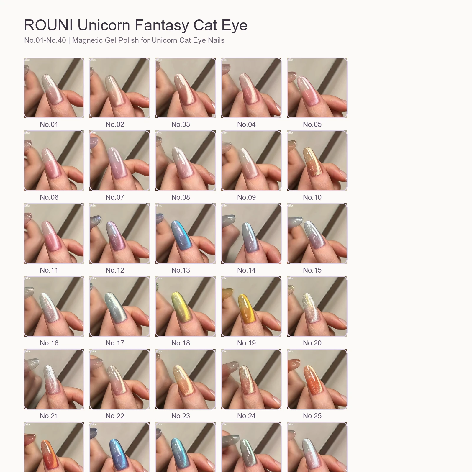 ROUNI Unicorn Fantasy Cat Eye Gel Polish 40-Color Series 2 ROUNI Unicorn Fantasy Cat Eye gel polish No.01 to No.40 full set color chart with correct No.29