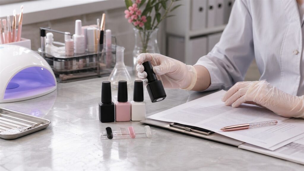 Technician reviewing three unbranded nail gel products and safety documents for a 3-Free ingredient guide