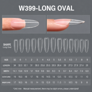 W399-LONG0VAL Shape Full Coverage Gel Nail Tips appearance and size