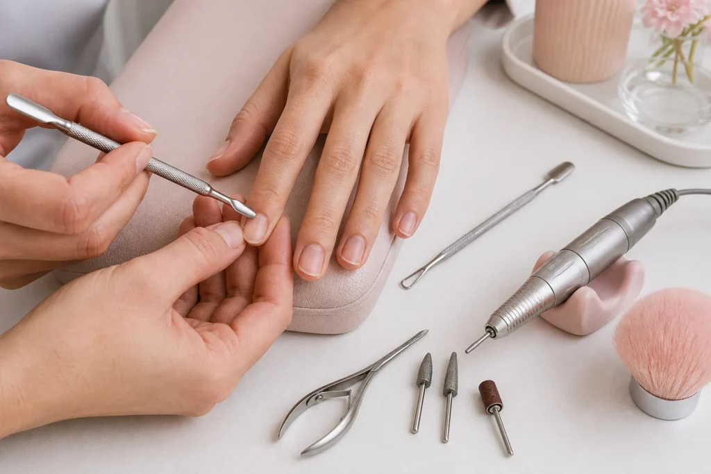 How to Do Nail Prep for Gel Manicure: A Step-by-Step Guide 2 Professional nail technician preparing natural nails for a gel manicure with a steel pusher and e-file tools