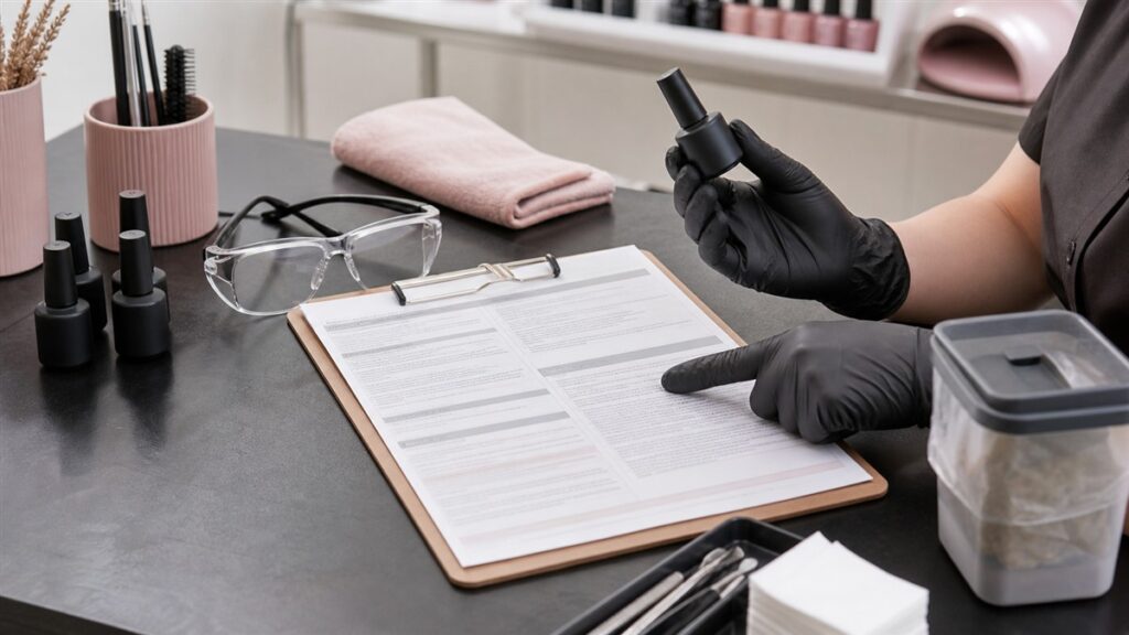 What Does an MSDS Check? A Practical Guide for Nail Products 2 Professional nail technician reviewing a safety data sheet beside unbranded gel products and protective equipment