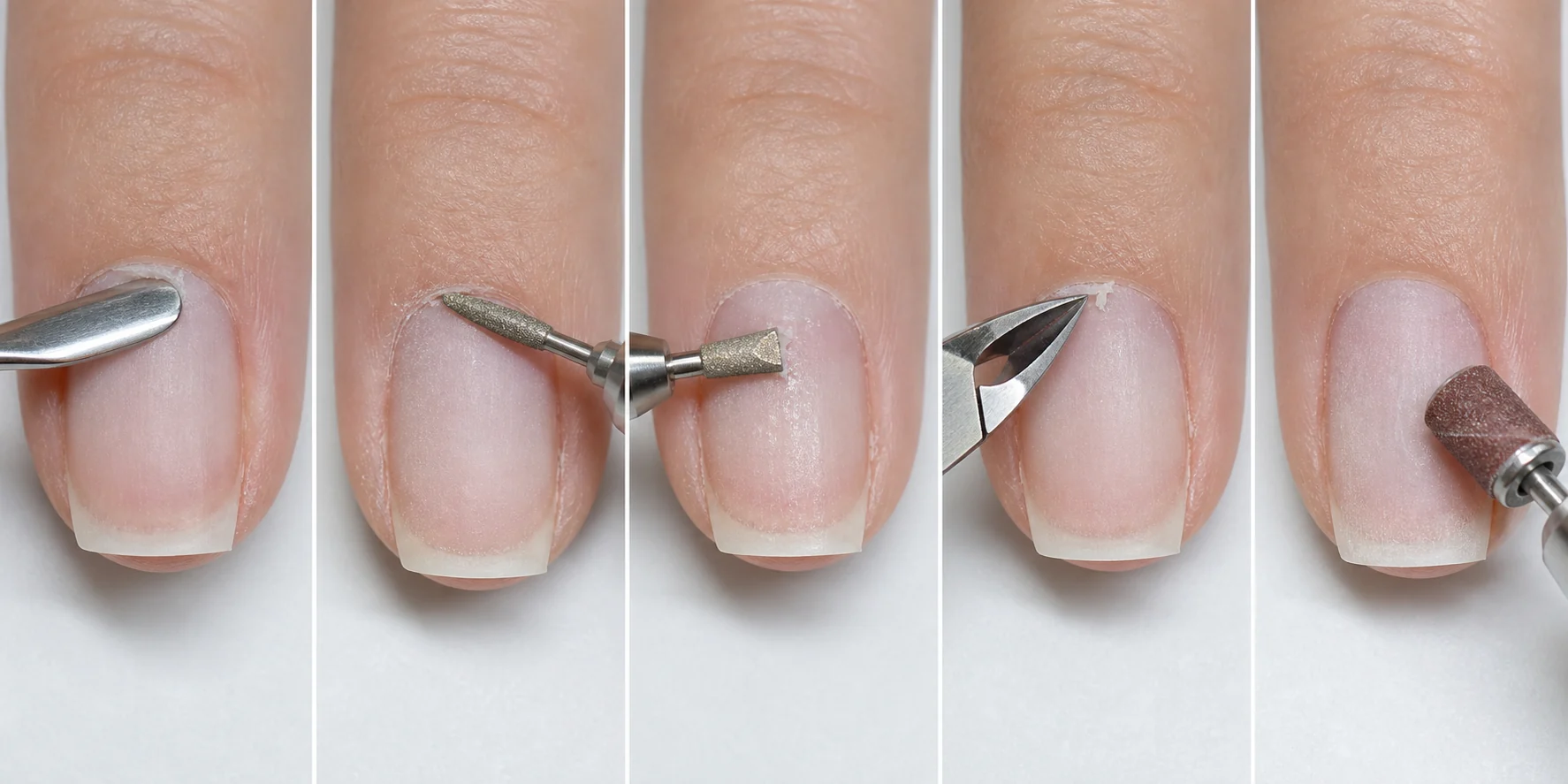 Five-step gel manicure nail prep sequence using a steel pusher, flame bit, flat cone bit, cuticle nippers and mini sanding band